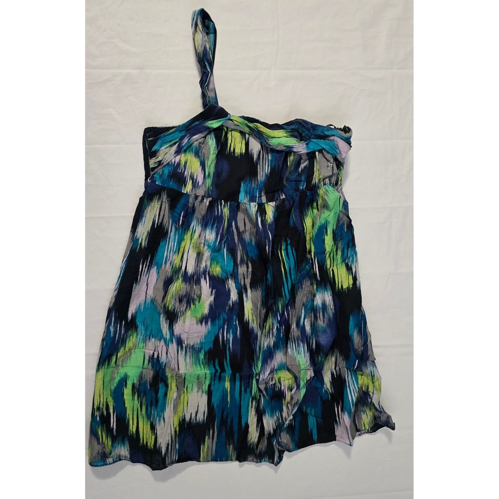 Ann Taylor LOFT One Shoulder Ikat Print Mini Dress Blue Green Size 8 - Picture 2 of 16
